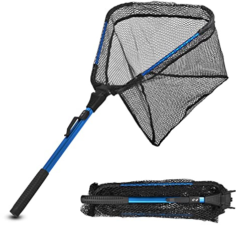 Folding Fishing Landing Net Collapsible Dip Net Telescopic Pole Extensible Fishing Net for Kayak Boat Saltwater Freshwater Safe Fish Catching or Releasing