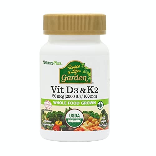 NaturesPlus Source of Life Garden Organic Vitamin D3 2000IU with K2 100mcg - Vegan Vitamin D3 and K2 Supplement - Immune Support, Bone Health - Gluten Free - 60 Capsules