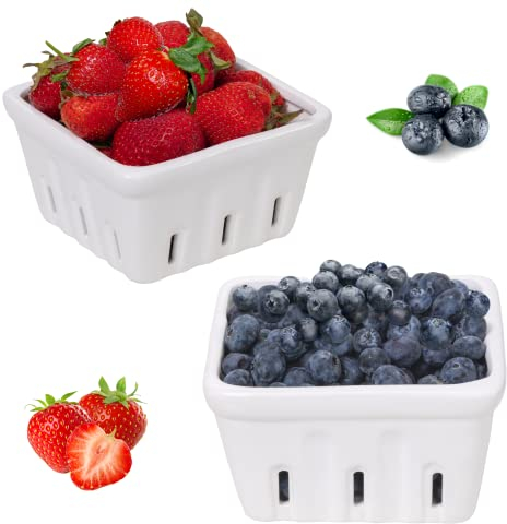 Zen People Ceramic Berry Basket | Reusable Stoneware Berry Bowls with Holes | Porcelain Fruit Colander | Strainer | Set of 2 Berry Boxes, White
