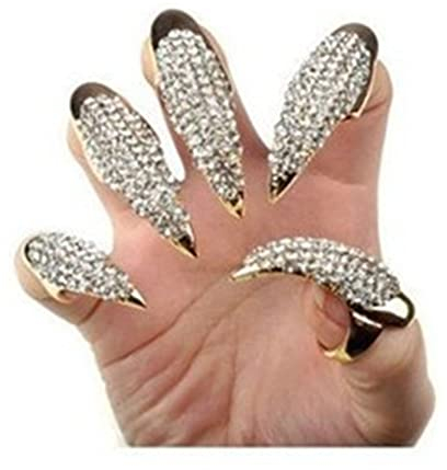 Anawakia 10 Stück 3 Größen Gothic Punk-Stil falsche Nägel Krallen Pfote Talon Finger Ringe, Halloween Krallen Nägel Gefälschte Falsche Nägel Set Party Cosplay (Gold)