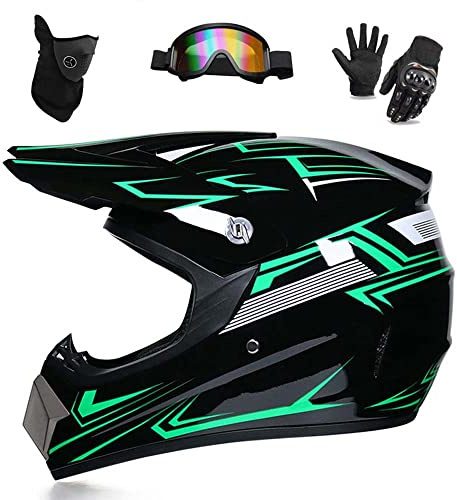 WEITY Motocross-Helm, Brille, Handschuhe, Maske 4-teiliges Set, MTB AVT Motorrad-Crosshelm, DOT-geprüft, geeignet für Erwachsene, Kinder, Männer und Frauen (grüne Linie,XL)