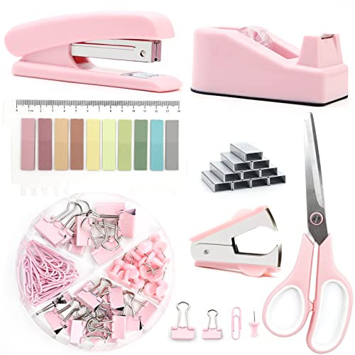 Rosa Bürobedarf, UPIHO rosa Schreibtischzubehör, rosa Heftgerät und Klebebandabroller Set mit Hefter, Klebebandabroller, Heftklammerentferner, Heftklammern, Clips, Schere und Tabs für Frauen,