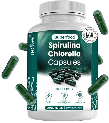 Organic Spirulina and Chlorella Capsules – Chlorophyll Pills & Blue Green Algae to Support Powerful Detox, Energy & A Healthy Immune System– 3X More Chlorella Spirulina Powder/Serving – 90 Ct