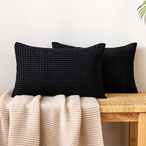 EMEMA Kordsamt Kissenbezug Granulat Dekorative Sofakissen Dekokissen Kissenbezüge Couchkissen Kissenhülle Weich Kissen Bezug Zierkissen für Sofa Couch Wohnzimmer 2er Set 30x50 cm Schwarz