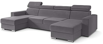 ALTDECOR Ecksofa in U-Form mit Schlaffunktion und Bettkasten mit Gasdruckfeder, Polstercouch Wohnlandschaft rückenecht gepolstert, ideal als Gästebett - FIX - 306x168 cm Grau