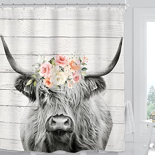 Miyotaa Highland Cow Bull Duschvorhang-Set 152 x 180 cm Bauernhaus Land Western Rinder Tier Wildtiere Holz Holz Polyester Wasserdicht Stoff Badezimmer Vorhang mit 12 Haken