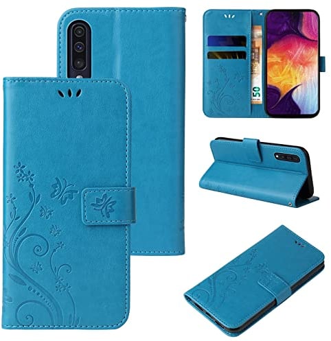 LBH Handy Hülle für Samsung Galaxy A50 Case Handytasche Schmetterling Blumen Flower Standfunktion Schutzhülle Magnet Rundum Schutz 360 Grad Flipcase Cover Blau