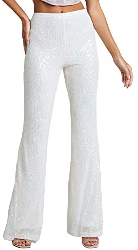 Yassiglia Glitzer Hose Damen Wide Leg High Waist Hose mit Pailletten 70er Elegante Schlaghose Stretch Hosen für Club Party Fest Tanzen (Silber, S)