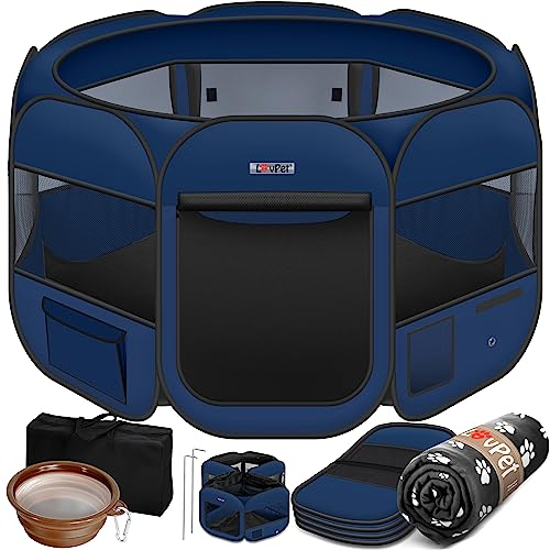 LOVPET® Welpenlaufstall Tierlaufstall Faltbar für Kleintiere Hunde, Katzen Inkl. Hundenapf und Fleece Decke Hundelaufstall Freigehege Oxfordgewebe Pop-up System Indoor & Outdoor, Navyblau