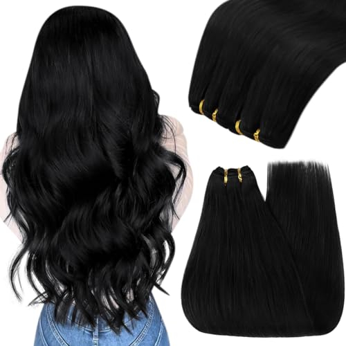 YoungSee Echthaar Tressen Schwarz 45cm Tressen Echthaar zum Einnahen Haartressen Echthaar Schwarz 100g Weft Hair Extensions Echthaar Weave Extensions Echthaar Glatt Doppelt Tressen 100g #1