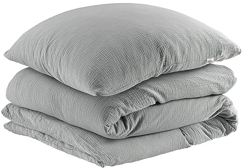 Pure Label Musselin Bettwäsche 135x200 cm mit einem Kissenbezug 80x80 cm aus 100% Baumwolle - Traumhaft weiche, kuschelige Bettwäsche-Sets in grau aus Musselin