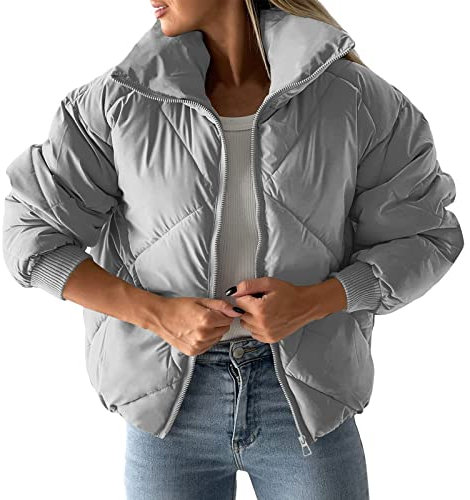 hhsbeauty Damentaschen Durchgehender Reißverschluss Langarm-Steppjacke Kurze Bubble-Mäntel Winterjacke Damen uziert (Grey, M)