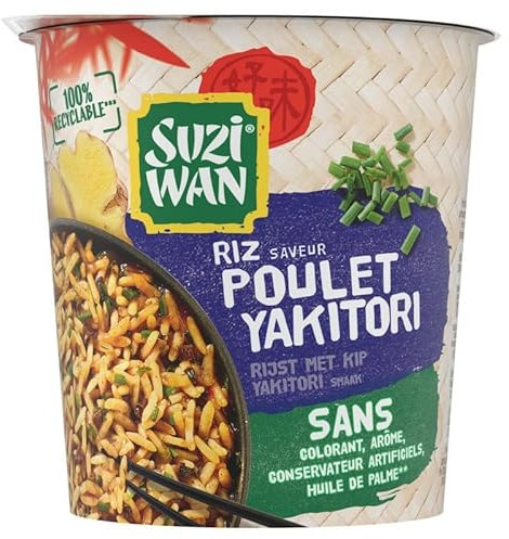 Suzi Wan – Reis im Topf mit Huhn Yakitori-Geschmack – fertig zum Genießen – 65 g – köstliches Essen in der Mikrowelle – 6 Stück