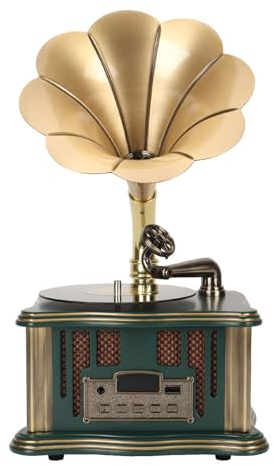 Bluetooth-Lautsprecher in Grammophonform, Retro-Plattenspieler-Phonograph-Lautsprecher, Unterstützt Bluetooth 5.0, USB, UKW-Radio, mit Zink-Ally-Horn (Grün)