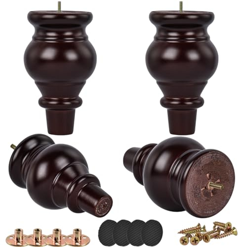 Btowin Lot de 4 pieds de meubles en bois massif de 12 cm, pieds de chignon modernes du milieu du siècle en noyer tourné avec boulons de suspension filetés M8, plaque de montage et vis pour canapé,