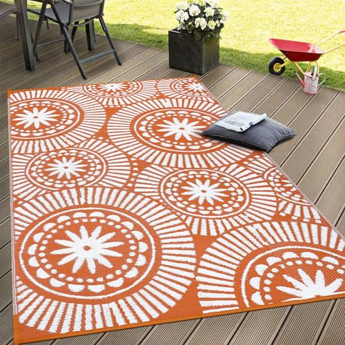 Ileading Outdoor-Terrassenteppich, wasserdicht, wendbar, Kunststoff, Strohmatte, orange, geometrischer Außenteppich, schnell trocknend, tragbarer Teppich für Terrasse, Veranda, Balkon, Camping