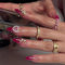 24pcs Medium Almond False Nails, Red Ombre Stick-on With Gold Rhinestone Butterfly Flower, Mini Pearls - Removable Glue-on Acrylic Full Cover for Women Girls