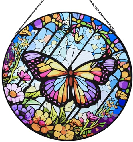 RIVEENY Schmetterling Hängender Buntglas-Sonnenfänger, 25,4 cm, Sonnenfänger, Wand-Fensteraufhängung, für Weihnachten, Muttertag, Valentinstag, Ornamente und Festival-Geschenke
