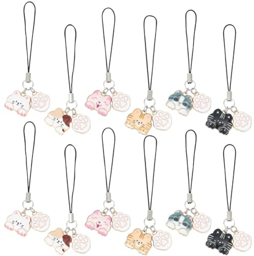GOMAKERER 12 Stück 6 Farben Katzen-Handyanhänger, Legierungs-Emaille-Handy-Charms, Süße Katzenpfoten-Handy-Charms, Cartoon-Handy-Anhänger, Handyhüllen-Zubehör, Handy-Schlüsselanhänger Zur Dekoration