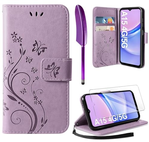 AROYI Lederhülle Kompatibel mit Samsung Galaxy A15 5G/4G Hülle und Schutzfolie,Wallet Handyhülle Leder Tasche Kartensteckplätzen Schutzhülle Kompatibel mit Samsung Galaxy A15 5G/4G Lila