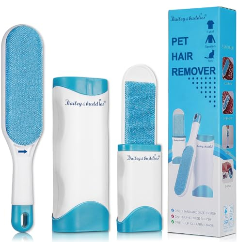 Bailey & Buddies Pet Hair Remover Lint Brush with Self-Cleaning Base & Travel Kit – Reusable Double-Sided Fur Remover for Dogs & Cats – Fluff & Lint Remover for Clothes, Carpets, Sofas & Cars