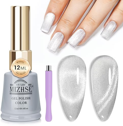 MIZHSE Cat Eye UV Gel mit Magnet 12ml Glitter Cateye UV Gel Silver Holografischer Cateye Magnet Katzenauge UV Gel Nagellack Glitzer DIY Art Manicure Salon Home DIY