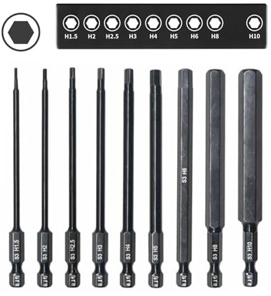 9 Stück Inbus Bitsatz mit starkem Magnetkopf, 100mm langer Hex Bits für Akkuschrauber, 1/4 Sechskantschaft Impact Bit Set für Schlagschrauber, Phosphid Schwarz Schraubendreher Zubehör