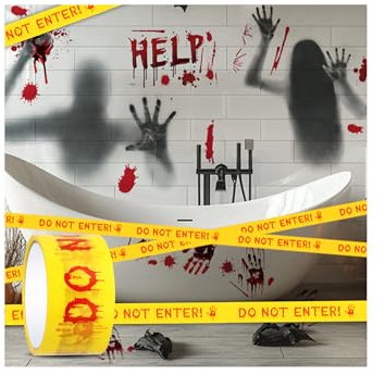 Halloween Deko Gruselig Fensterbilder, Horror Sticker Poster Halloween Absperrband Set, Riesen Blutige Silhouetten Blutige Fenster Handabdruck Horror Deko für Halloweenparty Spukhaus Dekoration
