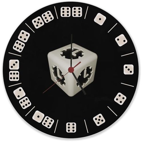 speecheese Würfelaugen Wanduhr aus Glas Uhr mit witzigem Motiv Würfel Würfeluhr rund schwarz lustig Spieler Brettspiele Dekouhr besonders Deko Dekoration
