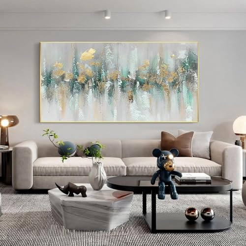 JACBON Peinture abstraite horizontale texturée verte sarcelle dorée sur toile salon chambre grande taille art mural doré décoration d'intérieur moderne 50x100cm sans cadre