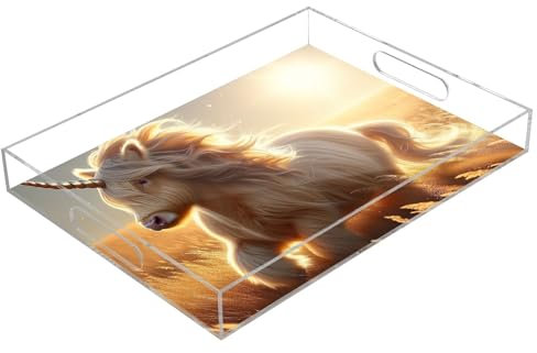 Bandeja transparente para servir con asa, diseño de unicornio y ganado de las tierras altas, bandejas decorativas para decoración del hogar