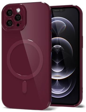 Svanove for iPhone 12 Pro Phone Case Silicone Magnetic, Compatible with Magsafe Case Cute for Women, Girly Glossy Jelly Thin Slim Hard Plastic Mag Safe & Camera Cover Protection, Burgundy Maroon