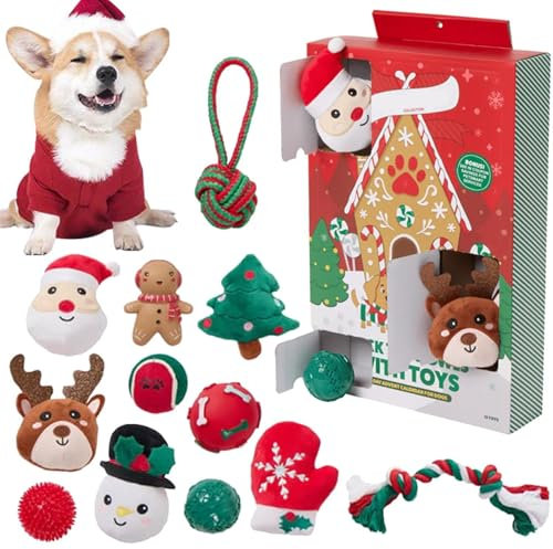 Hundespielzeug Adventskalender 2024 | Weihnachts-Countdown 12 Tage für Hunde | Weihnachtskalender mit Kauspielzeug, Quietschbällen und Beißspielzeug für Hunde und Welpen, perfekt für Urlaubsspaß und