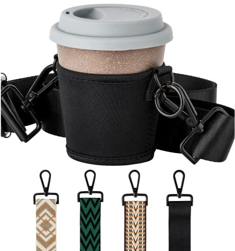 80 Oak Kaffeebecher und Cupholder SET. Becherhalter und Thermobecher zum Umhängen. Getränkehalter aus Neopren mit verstellbaren Schultergurt (Schwarz, Schwarz)
