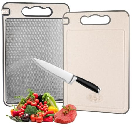Double-Sided Cutting Board, Food-Grade 304 Stainless Steel and Wheat Straw cuttingboard for Meat and Vegetables, Sturdy and Durable, Scratch-Resistant mesh Design,Not Dishwasher Safe