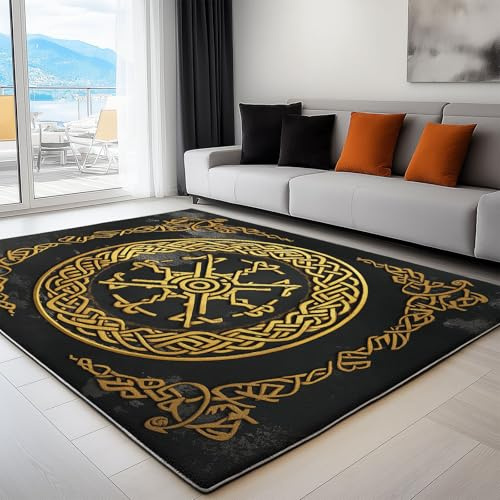 Bedruckter Gold Teppich 140 x 200 cm rutschfest Weich Kurzflor Teppich Waschbarer Wikinger Keltischer Knoten, Teppiche Schlafzimmer, Antirutschunterlage Küchenteppich