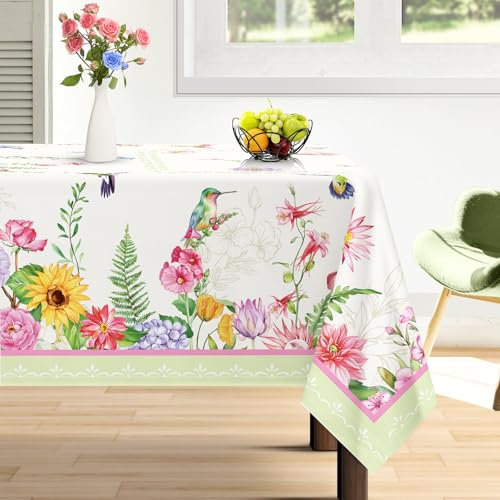 Arquiel Tischdecke Vogel Blumen, Tischdecken Abwaschbar Rechteckige Tischtuch Blätter StrapazierfäHiges, Abwischbar Tischdeck Für Garten, Küche Essen Parteien FrüHling/Sommer (152X213Cm)