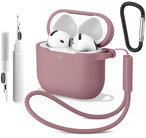 YLK Funda Compatible con AirPods 4 2024 con Kit de Limpieza, LED Frontal Visible, Funda Protectora de Silicona a Prueba de Golpes con Llavero y Cordón (Púrpura Humado)