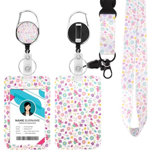 Porte Badge Id avec Lanyard Breakaway pour, Badge Reel rétractable, Clips de Badge détachables, Lanyard Strap pour le cou, Cadeaux pour le bureau des enseignants infirmiers (Oiseau à fleurs)