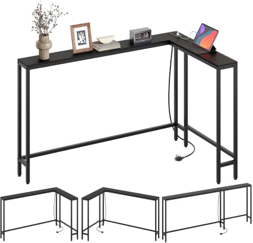 YATINEY Slim Console Table, 180 cm Narrow Sofa Table with Power Outlets, Behind Entryway Table, 3 Assembly Options, for Entryway, Black XCT07KBB
