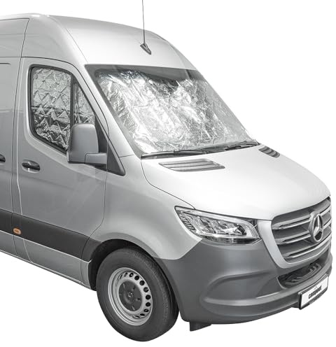 Campout Thermomatten Set für Mercedes Sprinter ab 05-2014 - Sonnenschutz - Frontscheibenabdeckung - Isolierende Fensterfolie - Auto Frontscheibe - Inkl. Befestigungssauger - 3 Stück