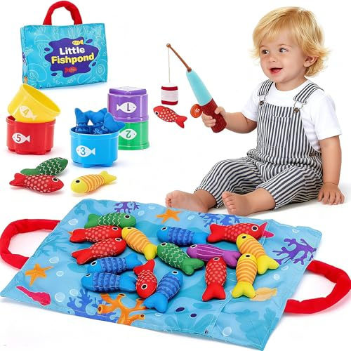 Montessori Toys for 1 Year Old, 22 Pcs Fabric Fishing Toys, Educational Toy for Toddlers Age 1-3, with Stacking Cups- Number Counting, Color Sorting, Shape Learning Baby Gifts (A)