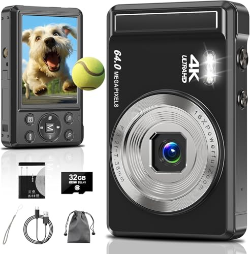 4K Digitalkamera,2.8 Zoll 64MP UHD Fotokamera mit 32-GB-Karte, 1200mAh Akku, 16-facher Digitalzoom Autofokus Kompaktkamera für Anfänger Teenager