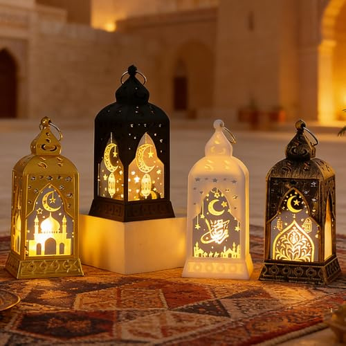 Hojalis Ramadan Deko Laterne, 4PCS Ramadan Dekoration Laterne, Ramadan-Laterne mit Warmweiß LED Licht, Ramadan Tisch Deko, Mond Stern RamadanDeko Licht für Muslimische Festival Dekorative