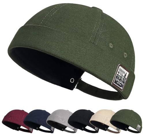 Tiakay Mens Cotton Brimless Docker Cap Skullcap Adjustable Skull-Cap Sailor Hats Rolled Cuff Retro Beanie Hat (Dark Green)