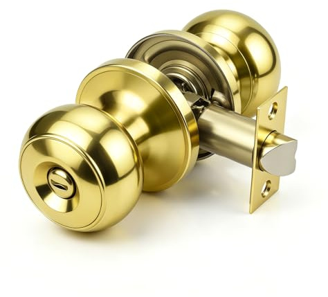 Brotima Bright Brass Round Privacy Knob Set,Keyless Door Knob for Bedroom & Bathroom Internal Doors,Door Lock Set with Adjustable Latch (60mm/70mm)