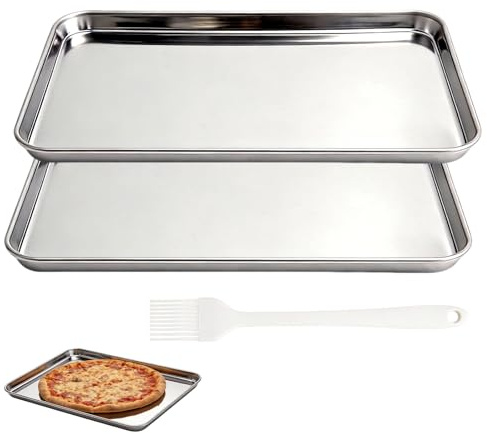 XRVRILE 2 Piezas Bandeja Horno Acero Inoxidable con Brocha Aceite – Bandeja de Horno Rectangular 26,4×15,3cm, Resistente Al Calor, Bandejas Acero Inoxidable Cocina Fácil de Limpiar
