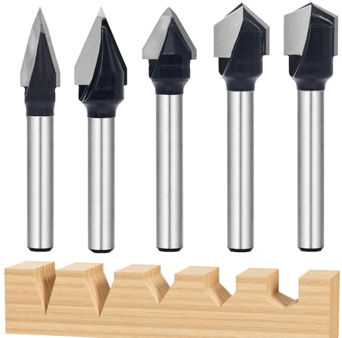 5PCS V-Groove Router Bit Set, 1/4 Shank, 30°–120° , Carbide-Tipped | CNC Chamfer Bit for Woodworking Engraving, Sign Making & V-Groove Cutting
