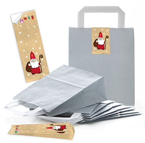 Logbuch-Verlag 25 graue Papiertaschen für Geschenke aus Papier mit Aufkleber Heiliger Nikolaus rot gold - Verpackung Weihnachten Nikolausgeschenk 18 x 8 x 22 cm