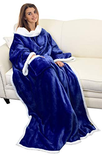 Catalonia Classy Flauschig Kuscheldecke mit Ärmeln Warm Weihnachten Geschenk für Frauen Herren, Flauschige Sherpa Tragbare Decke mit Ärmeln, Wohndecke zum Anziehen Erwachsene, 185 x 140 cm Blau